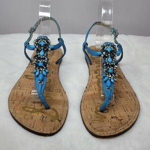 Sam Edelman "Gene" Blue Leather Jeweled T-Strap Sandals Sz. 8.5